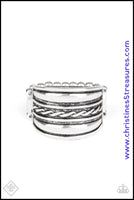 2020 June Fashion Fix - Simply Santa Fe Mismatched silver bands layer across the finger, coalescing into an edgy stacked look. The center most band features a twisted ropy texture, adding handcrafted texture to the piece. Features a stretchy band for a flexible fit. Sold as one individual ring.  P4BA-SVXX-040TW