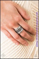 2020 June Fashion Fix - Simply Santa Fe Mismatched silver bands layer across the finger, coalescing into an edgy stacked look. The center most band features a twisted ropy texture, adding handcrafted texture to the piece. Features a stretchy band for a flexible fit. Sold as one individual ring.  P4BA-SVXX-040TW