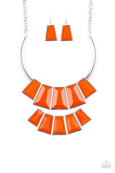 Tinted in the energetic hue of Orange Tiger, rows of faceted emerald-shaped beads link into colorful beaded plates. The uppermost frame slides along a bowing silver bar, adding playful movement to this fierce statement-making piece. Features an adjustable clasp closure. Sold as one individual necklace. Includes one pair of matching earrings.   P2ST-OGXX-047XX