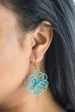 Brushed in a refreshing blue finish, intricate wires are shaped as petals and knotted in the center to create a small delicate silhouette of a daisy. Earring attaches to a standard fishhook fitting. Sold as one pair of earrings.  P5WH-BLXX-162XX