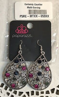 Varying in size, glittery colorful rhinestones are sprinkled along a silver filigree backdrop for a whimsical look. Earring attaches to a standard fishhook fitting. Sold as one pair of earrings.  P5RE-MTXX-059XX