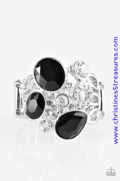 Featuring various cuts and shimmer, glittery black and white rhinestones are sprinkled across an airy frame, creating glamorous sparkle. Features a stretchy band for a flexible fit. Sold as one individual ring. P4RE-BKXX-130XX