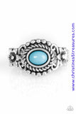 A refreshing blue bead is pressed into an ornate silver frame. Brushed in an antiqued shimmer, a pair of glistening silver flowers flank the colorful center for a summery finish. Features a dainty stretchy band for a flexible fit. Sold as one individual ring. P4WH-BLXX-129XX