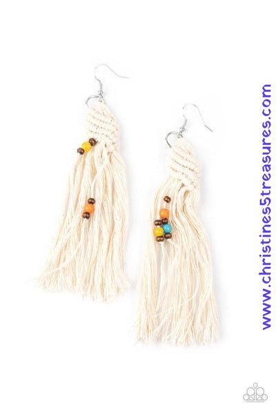 Dainty wooden and colorful beads are knotted in place along a knotted white tassel, creating a beach inspired macramé centerpiece. Earring attaches to a standard fishhook fitting. Sold as one pair of earrings.  P5ST-MTXX-028XX