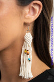 Dainty wooden and colorful beads are knotted in place along a knotted white tassel, creating a beach inspired macramé centerpiece. Earring attaches to a standard fishhook fitting. Sold as one pair of earrings.  P5ST-MTXX-028XX