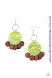 Brown wooden discs dangle from the bottom of a green acrylic frame that attaches to a shimmery silver ring, creating a beach inspired look. Earring attaches to a standard fishhook fitting. Sold as one pair of earrings.  P5SE-GRXX-081XX