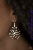 Brushed in an antiqued shimmer, glistening silver bars bend into airy petals. A glittery white rhinestone dots the floral center for a feminine finish. Earring attaches to a standard fishhook fitting. Sold as one pair of earrings. P5WH-WTXX-123XX
