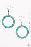 Two rows of glittery blue rhinestones are encrusted along a shimmery silver circle, creating a bubbly frame. Earring attaches to a standard fishhook fitting. Sold as one pair of earrings. P5RE-BLXX-119XX