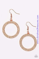 Two rows of glittery peach rhinestones are encrusted along a shiny copper circle, creating a bubbly frame. Earring attaches to a standard fishhook fitting. Sold as one pair of earrings. P5RE-CPSH-058XX