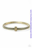 Shimmery brass mesh chain joins into a thick bangle around the wrist. Encrusted in glittery aurum rhinestones, a brass ring slides along the bangle, adding sassy sparkle to the edgy palette. Sold as one individual bracelet. P9RE-BRXX-065XX