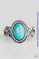 Brushed in an antiqued shimmer, glistening ribbons of silver swirl into an ornate band. A refreshing turquoise stone is pressed into the center of a textured silver frame for a seasonal finish. Features a dainty stretchy band for a flexible fit. Sold as one individual ring. P4SE-BLXX-126XX