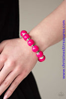 Infused with metallic accents, vivacious pink beads are threaded along a stretchy band around the wrist for a colorful pop of color Get The Complete Look! Necklace: "Everyday Eye Candy - Pink" (Sold Separately) P9WH-PKXX-212NR