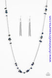 Brushed in an iridescent finish, bits of blue stone trickle along a lengthened silver chain for a seasonal look. Features an adjustable clasp closure. Sold as one individual necklace. Includes one pair of matching earrings. P2SE-BLXX-269XX