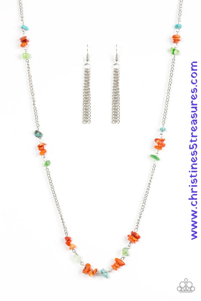 Brushed in an iridescent finish, bits of multicolored stone trickle along a lengthened silver chain for a seasonal look. Features an adjustable clasp closure. Sold as one individual necklace. Includes one pair of matching earrings.  P2SE-MTXX-134XX