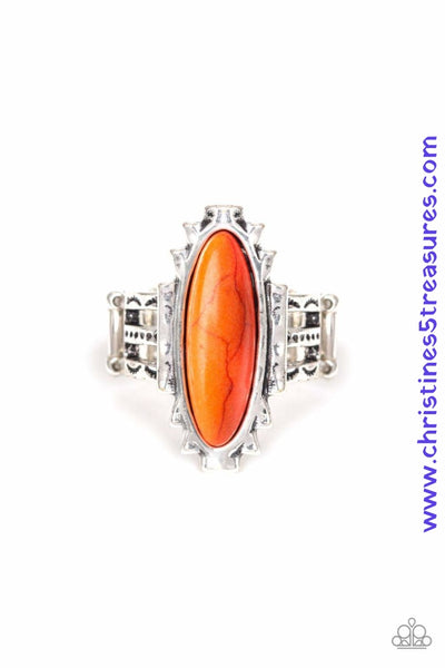 An oblong orange stone is pressed into the center of a geometric silver frame featuring a hammered finish for a seasonal flair. Features a stretchy band for a flexible fit. Sold as one individual ring. P4SE-OGXX-091XX