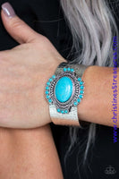 Radiating with refreshing turquoise stones and tribal inspired patterns, an ornate stone frame is pressed into the center of a hammered silver cuff for an artisan flair. Sold as one individual bracelet. P9SE-BLXX-260XX