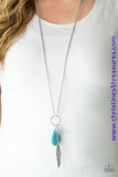 Infused with an elongated silver chain, a hammered silver disc, shimmery feather charm, and a refreshing turquoise teardrop stone swings from the bottom of a hammered hoop, creating a whimsical tassel. Features an adjustable clasp closure. Sold as one individual necklace. Includes one pair of matching earrings.  P2SE-BLXX-267XX