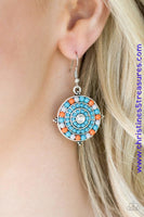 Varying in size, dainty blue, gray, and orange beads spin around a glittery white rhinestone center for a summery look. Earring attaches to a standard fishhook fitting. Sold as one pair of earrings. P5WH-BLXX-166XX