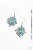 Varying in size, dainty blue, gray, and orange beads spin around a glittery white rhinestone center for a summery look. Earring attaches to a standard fishhook fitting. Sold as one pair of earrings. P5WH-BLXX-166XX