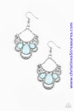 Faceted blue teardrops are pressed into a silver studded frame, coalescing into a colorful lure. Glassy white rhinestones are sprinkled across the frame, adding a refined finish to the summery palette. Earring attaches to a standard fishhook fitting. Sold as one pair of earrings. P5WH-BLXX-171XX