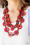 Brushed in a shell-like iridescence, fiery red wooden discs and round brown wooden beads are knotted along three strands of brown cording for a summery look. Features a button loop closure. Sold as one individual necklace. Includes one pair of matching earrings.  P2SE-RDXX-209XX