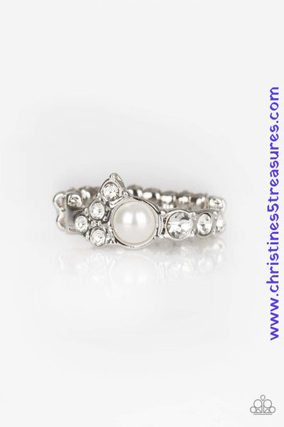 A dainty white pearl is pressed into an abstract white rhinestone encrusted band for a timeless twist. Features a dainty stretchy band for a flexible fit. Sold as one individual ring.  P4DA-WTXX-085XX