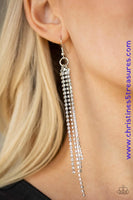 Featuring sleek square fittings, strands of glittery white rhinestones freefall from the ear, creating a glamorous fringe. Earring attaches to a standard fishhook fitting. Sold as one pair of earrings.  P5ED-WTXX-036XX