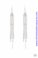 Featuring sleek square fittings, strands of glittery white rhinestones freefall from the ear, creating a glamorous fringe. Earring attaches to a standard fishhook fitting. Sold as one pair of earrings.  P5ED-WTXX-036XX