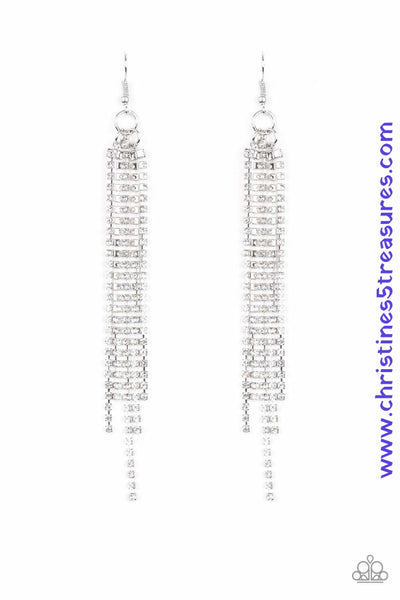 Featuring sleek square fittings, strands of glittery white rhinestones freefall from the ear, creating a glamorous fringe. Earring attaches to a standard fishhook fitting. Sold as one pair of earrings.  P5ED-WTXX-036XX