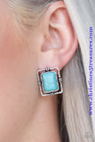 Chiseled into a tranquil rectangle, a turquoise stone is pressed into the center of a hammered silver frame for a seasonal look. Earring attaches to a standard post fitting. Sold as one pair of post earrings.  P5PO-BLXX-065XX