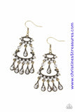 Dotted in dainty white rhinestones, stacked brass frames give way to a teardrop fringe encrusted in glassy white rhinestones, creating a refined chandelier. Earring attaches to a standard fishhook fitting. Featured inside The Preview at ONE Life! Sold as one pair of earrings.  P5RE-BRXX-106XX
