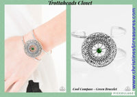 A glittery green rhinestone is pressed into an ornate silver frame, creating a whimsical cuff. Sold as one individual bracelet.  P9WH-GRXX-116QP