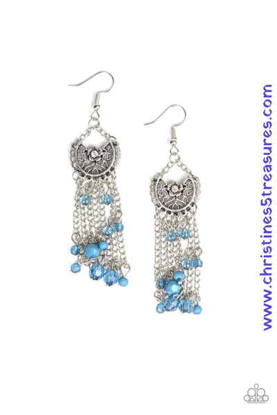 Dotted with a solitaire white rhinestone, a shimmery silver floral frame gives way to an array of Bluestone beaded tassels for a whimsical flair. Earring attaches to a standard fishhook fitting. Sold as one pair of earrings.  P5WH-BLXX-217XX