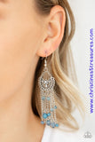 Dotted with a solitaire white rhinestone, a shimmery silver floral frame gives way to an array of Bluestone beaded tassels for a whimsical flair. Earring attaches to a standard fishhook fitting. Sold as one pair of earrings.  P5WH-BLXX-217XX