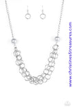 Two oversized silver pearls give way to dramatic silver chains, creating bold layers below the collar for a sassy look. Features an adjustable clasp closure. Sold as one individual necklace. Includes one pair of matching earrings.   P2IN-SVXX-183XX