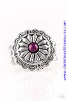 A shiny purple bead is pressed into a glistening silver frame radiating into a floral detail for a seasonal look. Features a stretchy band for a flexible fit. Sold as one individual ring.  P4WH-PRXX-146XX