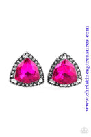 A regal pink gem is pressed into the center of a silver studded frame for a dramatically glamorous look. Earring attaches to a standard post fitting. Sold as one pair of post earrings.  P5PO-PKXX-033XX