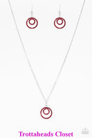 Encrusted in fiery red rhinestones, a doubled silver hoop pendant swings from the bottom of a shimmery silver chain for a refined look. Features an adjustable clasp closure. Sold as one individual necklace. Includes one pair of matching earrings.   P2RE-RDXX-111XX