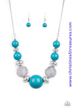 Gradually increasing in size near the center, a collection of blue, silver, and cloudy beads join below the collar in a statement making fashion. Features an adjustable clasp closure. Sold as one individual necklace. Includes one pair of matching earrings.   P2ST-BLXX-055XX