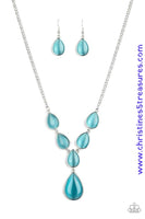 A series of blue cat's eye teardrops interlock at the bottom of a silver chain, giving way to an oversized teardrop pendant for a refined finish. Features an adjustable clasp closure. Sold as one individual necklace. Includes one pair of matching earrings.  P2RE-BLXX-281XX