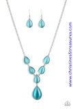 A series of blue cat's eye teardrops interlock at the bottom of a silver chain, giving way to an oversized teardrop pendant for a refined finish. Features an adjustable clasp closure. Sold as one individual necklace. Includes one pair of matching earrings.  P2RE-BLXX-281XX