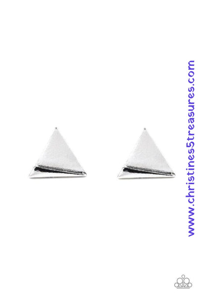 An angular frame is pressed into the bottom of a flat silver triangle, coalescing into an edgy frame. Earring attaches to a standard post fitting. Sold as one pair of post earrings. P5PO-SVXX-144XX