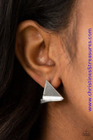 An angular frame is pressed into the bottom of a flat silver triangle, coalescing into an edgy frame. Earring attaches to a standard post fitting. Sold as one pair of post earrings. P5PO-SVXX-144XX