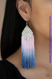 A plume of cording gradually fades from pink to blue, creating a colorful ombre effect at the bottom of a hammered silver frame. Earring attaches to a standard fishhook fitting. Sold as one pair of earrings.  P5ST-MTXX-017XX