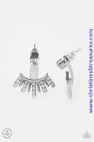 A solitaire white rhinestone attaches to a double-sided post, designed to fasten behind the ear. Radiating with flared rows of glassy white rhinestones, the double sided-post peeks out beneath the ear for an edgy look. Earring attaches to a standard post fitting. Sold as one pair of double-sided post earrings. P5PO-WTXX-143XX