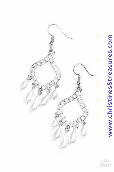 Encrusted in glassy white rhinestones, a shimmery silver frame gives way to a pearly white fringe for an elegant fashion. Earring attaches to a standard fishhook fitting. Sold as one pair of earrings. P5RE-WTXX-360XX
