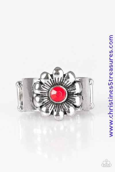 Brushed in an antiqued finish, a glistening silver flower blooms from the center of a thick silver band for a whimsical look. Featuring a faceted surface, a dainty red bead dots the center of the flower for a colorful finish. Features a stretchy band for a flexible fit.  P4WH-RDXX-160XX