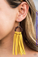 2021 Convention Exclusive Piece  A trio of yellow suede tassels are knotted in place at the bottom of a wooden beaded frame, creating an earthy fringe. Earring attaches to a standard fishhook fitting. Sold as one pair of earrings.  P5SE-YWXX-103XX