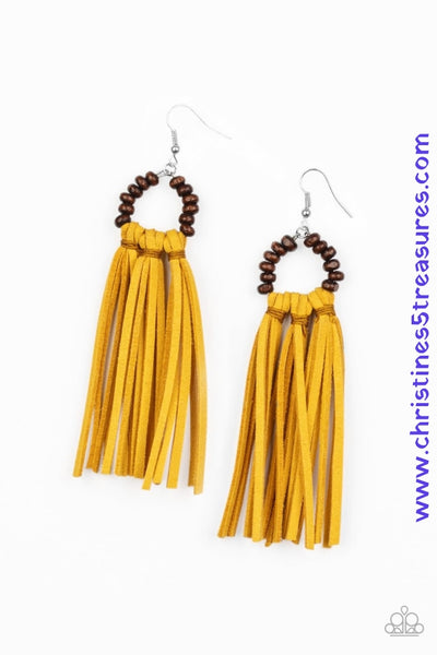 2021 Convention Exclusive Piece  A trio of yellow suede tassels are knotted in place at the bottom of a wooden beaded frame, creating an earthy fringe. Earring attaches to a standard fishhook fitting. Sold as one pair of earrings.  P5SE-YWXX-103XX