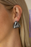 Featuring a regal triangular cut, an oversized hematite gem is nestled in an angled silver frame radiating with dainty hematite rhinestones for a glamorous look. Earring attaches to a standard post fitting. Sold as one pair of post earrings.  P5PO-SVXX-123XX